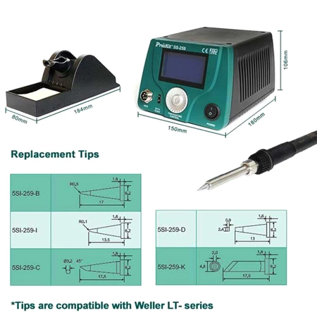 Stacja lutownicza 90W, grzałka ceramiczna, ESD, port USB, kompaktowe wymiary 18x15x11cm, Proskit SS-259B