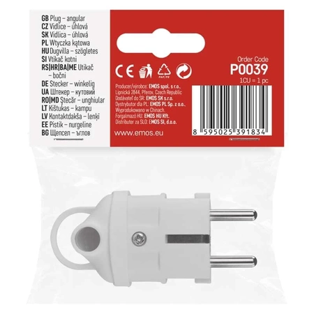 Wtyczka kątowa biała 230V AC z uchwytem, Emos P0039
