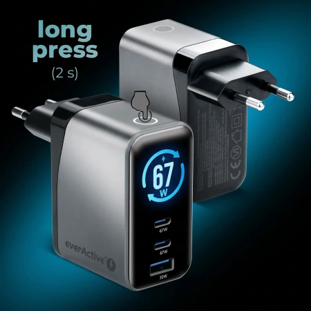 Ładowarka sieciowa GaN LCD 67W 2x USB-C PD + USB-A - everActive SC-670Q PRO