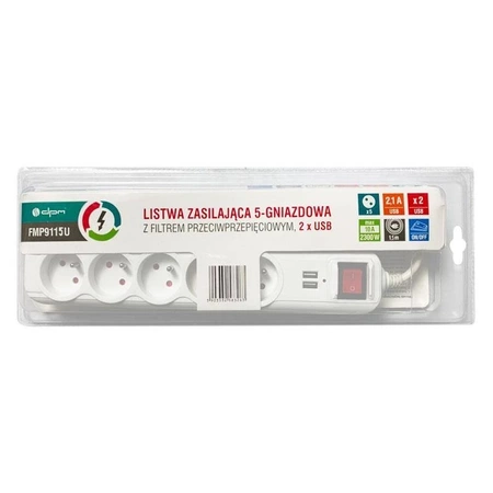 Listwa zasilająca 5 gniazd + 2x USB, włącznik, 1.5m, 10A, 2300W, 3G1, filtr przeciwprzepięciowy, biała