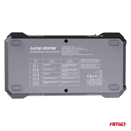 Jump Starter PRO 12V 7.2Ah 600A 4w1 Starter/Latarka/Kompresor/Powerbank AMIO 04674