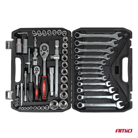 Zestaw 61 narzędzi: klucze płasko-oczkowe 8-19 mm, nasadki 1/4" i 1/2", grzechotki, w walizce - AMiO 05017