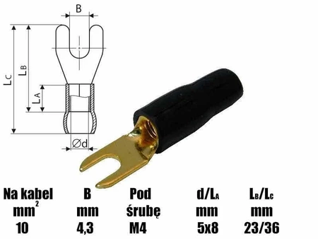 Końcówka widełkowa M4 izolowana, 4.3mm, złocona, na przewód 10mm, SGE czarny