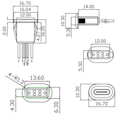 Gniazdo USB-C, 6 pin, mocowane na zatrzask