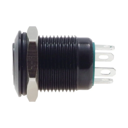 Przycisk wandaloodporny czarny "POWER" chwilowy 2A 250V klawisz płaski, podśw zielone 12V