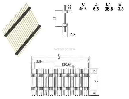 Listwa kołkowa 2x40 prosta, h=45mm, LDS2x40-45