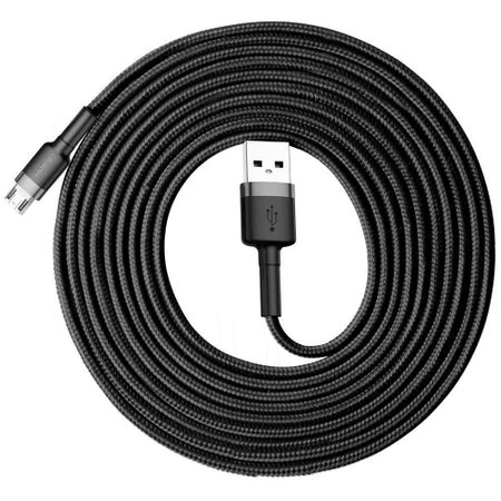 Kabel micro USB 3m, dwustronny wtyk, nylonowy oplot, 2A, czarno-szary Baseus