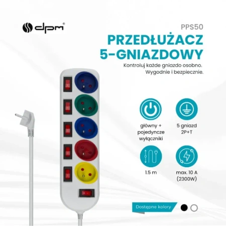 Listwa zasilająca 5 gniazd, przewód 1,5 m, 10 A, 3G1, osobny włącznik przy każdym gnieździe, biała, DPM