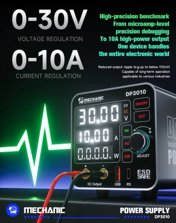 Zasilacz laboratoryjny DP3010, 0–30 V / 0–10 A, 300 W, USB-C PD 20 W, Mechanic