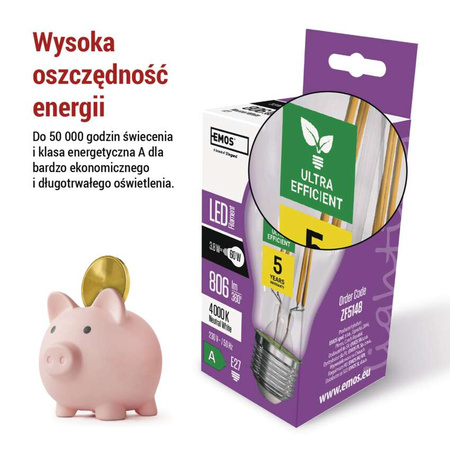 Żarówka LED E27 bańka A60, 3,8 W, odpowiednik 60 W, neutralna biel, 806 lm, filament, EMOS ZAR-E-ZF5148