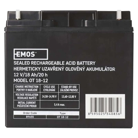 Akumulator AGM bezobsługowy, 12 V, 18 Ah, 181 × 77 × 167 mm, 4,88 kg, EMOS B9655