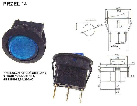 Przełącznik kołyskowy okrągły podświetlany 3-pin 6A 230V niebieski