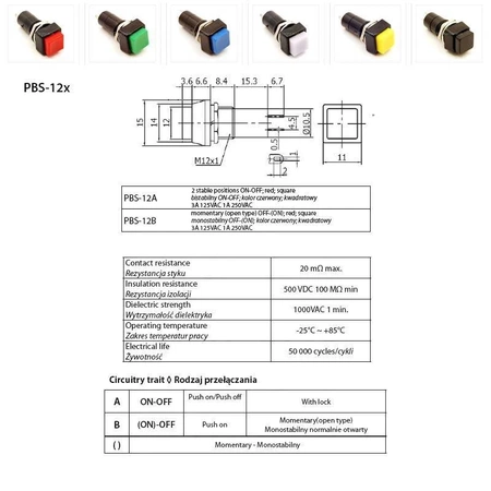 Przełącznik chwilowy OFF-(ON) reset zielony, kwadrat, PBS-12B