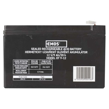 Akumulator AGM bezobsługowy, 12 V, 9 Ah, 151 × 65 × 94 mm, 2,42 kg, EMOS B9675