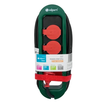 Przedłużacz, 2 gniazda, IP44, 4.2m, 3G1.5 mm2, 16A 3680W, zielono-czerwony