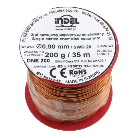 Drut nawojowy emaliowany 0,90 mm, DNE 200, miedź, szpulka 200 g, ok. 35 m