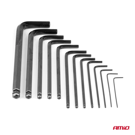 Zestaw kluczy imbusowych HEX z kulką - długie, czarne, CRV, 13 szt. AMIO-04304