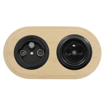 Gniazdo TV/SAT + Gniazdo elektryczne okrągłe czarne z ramką podwójną jasne drewno, montaż podtynkowy, Ceramic Loft