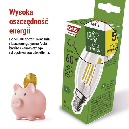 Żarówka LED E14 świeczka, 3,8 W, odpowiednik 60 W, neutralna biel, 806 lm, filament, EMOS ZAR-E-ZF3A43