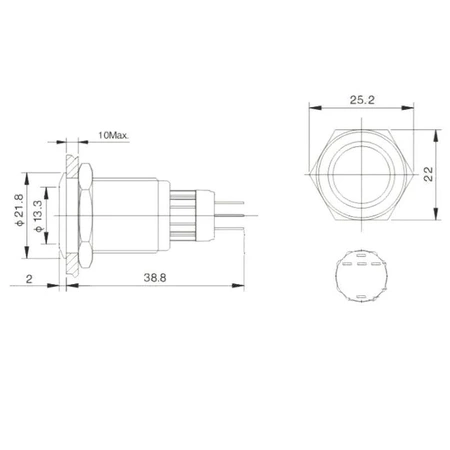 Przycisk wandaloodporny PBW-19B4R, monostabilny 2A 250V cyfra 4 klawisz płaski podśw. czerwone 12V