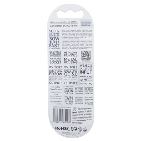 Zasilacz USB, ładowarka samochodowa USB, PD 30W, eXc CUTE Pro
