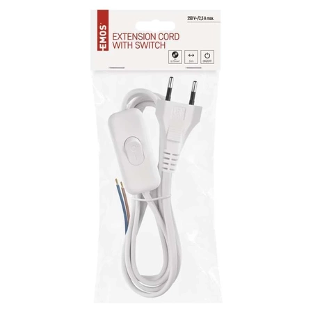 Kabel sieciowy 2x0.75mm2 z wyłącznikiem biały, 3m, wtyk sieciowy płaski 2.5A
