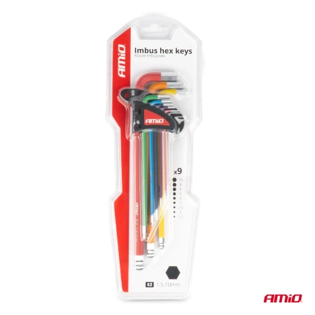 Zestaw kluczy imbusowych HEX z kulką - Extra Long, kolorowe 9 szt. AMIO-04299