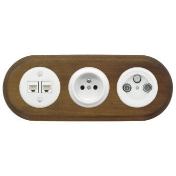 Gniazdo Ethernet Cat6 x2 + Gniazdo elektryczne + Gniazdo TV/SAT białe z ramką potrójną ciemne drewno, montaż podtynkowy, Ceramic Loft