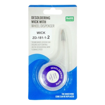 Plecionka lutownicza nasączona topnikiem kalafoniowym 2mm x 1.5m, z podajnikiem