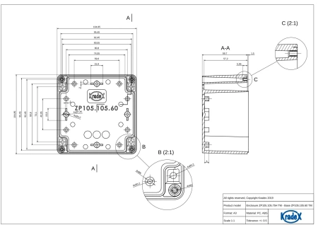 Obudowa hermetyczna ZP105.105.75JH, 105 × 105 × 74,7 mm, ABS, jasnoszara, Kradex
