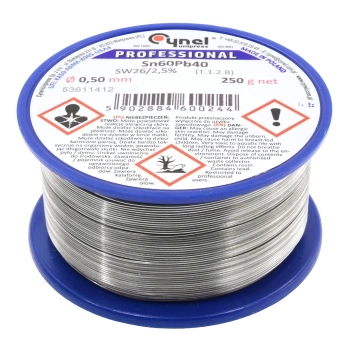 Cyna lutownicza Sn60Pb40 z topnikiem SW26, średnica 0,5 mm, szpula 250 g, Cynel
