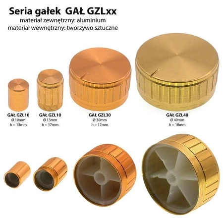Gałka, oś 6mm, fi30x17mm, aluminium złota