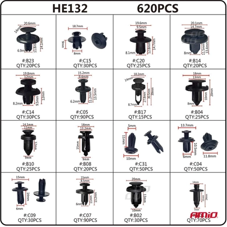 Zestaw spinek i kołków samochodowych 620szt