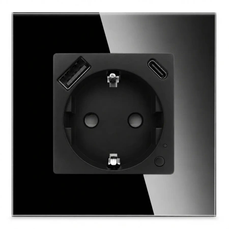 Gniazdo elektryczne Schuko z USB A+C 20W z pomiarem energii (watomierz) WiFi i Bluetooth czarne podtynkowe z ramką szklaną - TAWOIA Smart Home