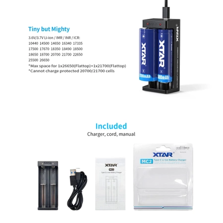 Ładowarka do akumulatorów / ogniw cylindrycznych Li-ion 18650 Xtar MC2 USB-C