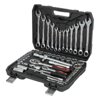 Zestaw 61 narzędzi: klucze płasko-oczkowe 8-19 mm, nasadki 1/4" i 1/2", grzechotki, w walizce - AMiO 05017