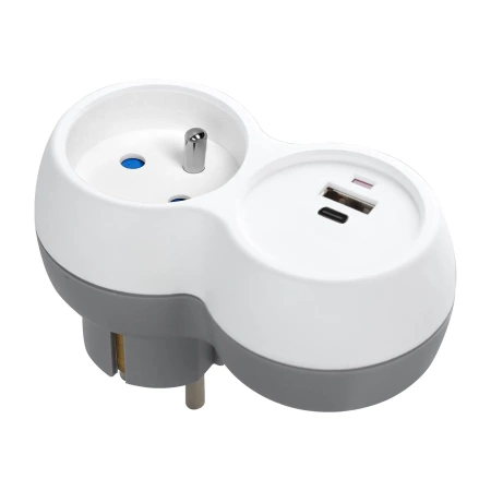 Rozgałęźnik sieciowy 230 V, 2 gniazda, 16 A, USB-A + USB-C, biało-szary, ORNO OR-AE-13302