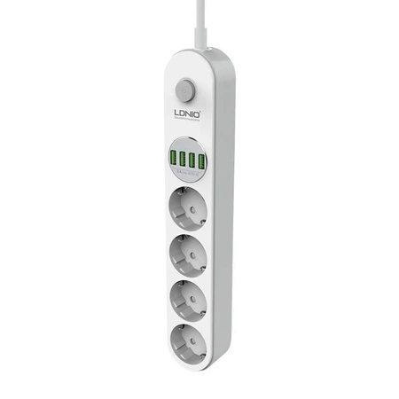 Listwa zasilająca 4 gniazda + 4× USB, przewód 2 m, 10 A, z włącznikiem, biała, LDNIO