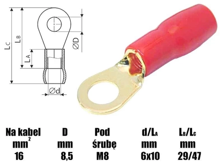 Końcówka oczkowa M8 izolowana, 8.4mm, złocona, na przewód 16mm, SGE