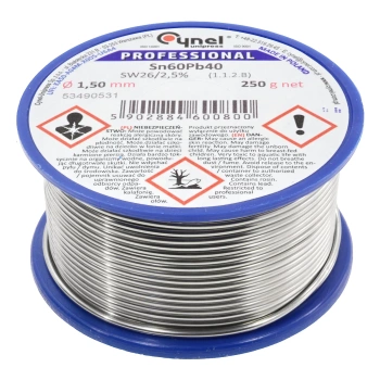 Cyna lutownicza Sn60Pb40 z topnikiem SW26, średnica 1,5 mm, szpula 250 g, Cynel