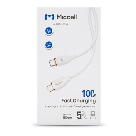 Kabel USB-C - USB-C, 100 W, 1,5 m, biały, Miccell, MIC-004050
