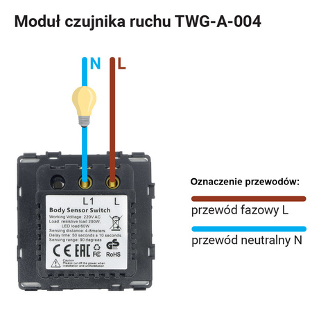 Czujnik ruchu PIR 200W (60W LED) biały podtynkowy z ramką szklaną - Tawoia Glass