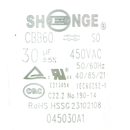 Kondensator rozruchowy do silnika, CBB60 30uF 450Vac 45x96mm przewód