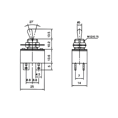 Przełącznik KN3-2 2-pozycyjny ON-OFF+OFF-ON, bistabilny, 2A, 250V AC, czarny