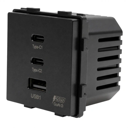 Ładowarka USB A + 2xC 65W GaN czarna podtynkowa z ramką szklaną - TAWOIA Glass