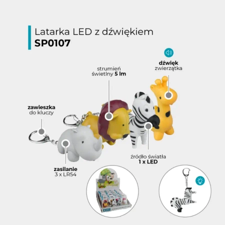 Latarka LED brelok z dźwiękiem – zwierzaki SAFARI: żyrafa, lew, nosorożec, zebra