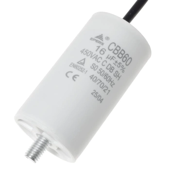 Kondensator rozruchowy do silnika 16uF 450VAC, przewody 15cm, 40x70mm