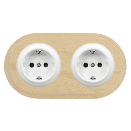 2x Gniazdko elektryczne Schuko okrągłe białe z ramką podwójną jasne drewno, montaż podtynkowy, Ceramic Loft