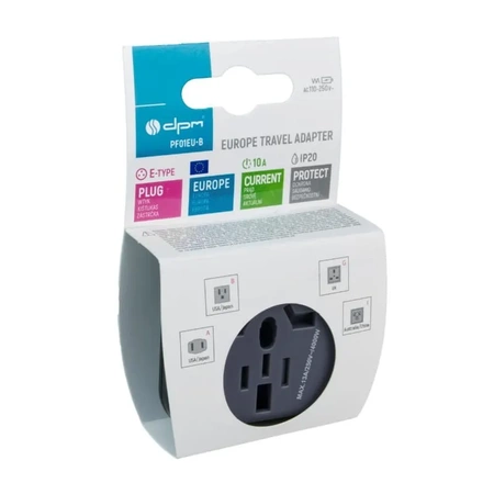 Adapter podrozny na wtyk europejski, gniazdo uniwersalne, 250 V 10 A, czarno-szary, DPM PF01EU-B