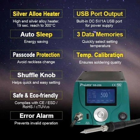 Stacja lutownicza 90W, grzałka ceramiczna, ESD, port USB, kompaktowe wymiary 18x15x11cm, Proskit SS-259B